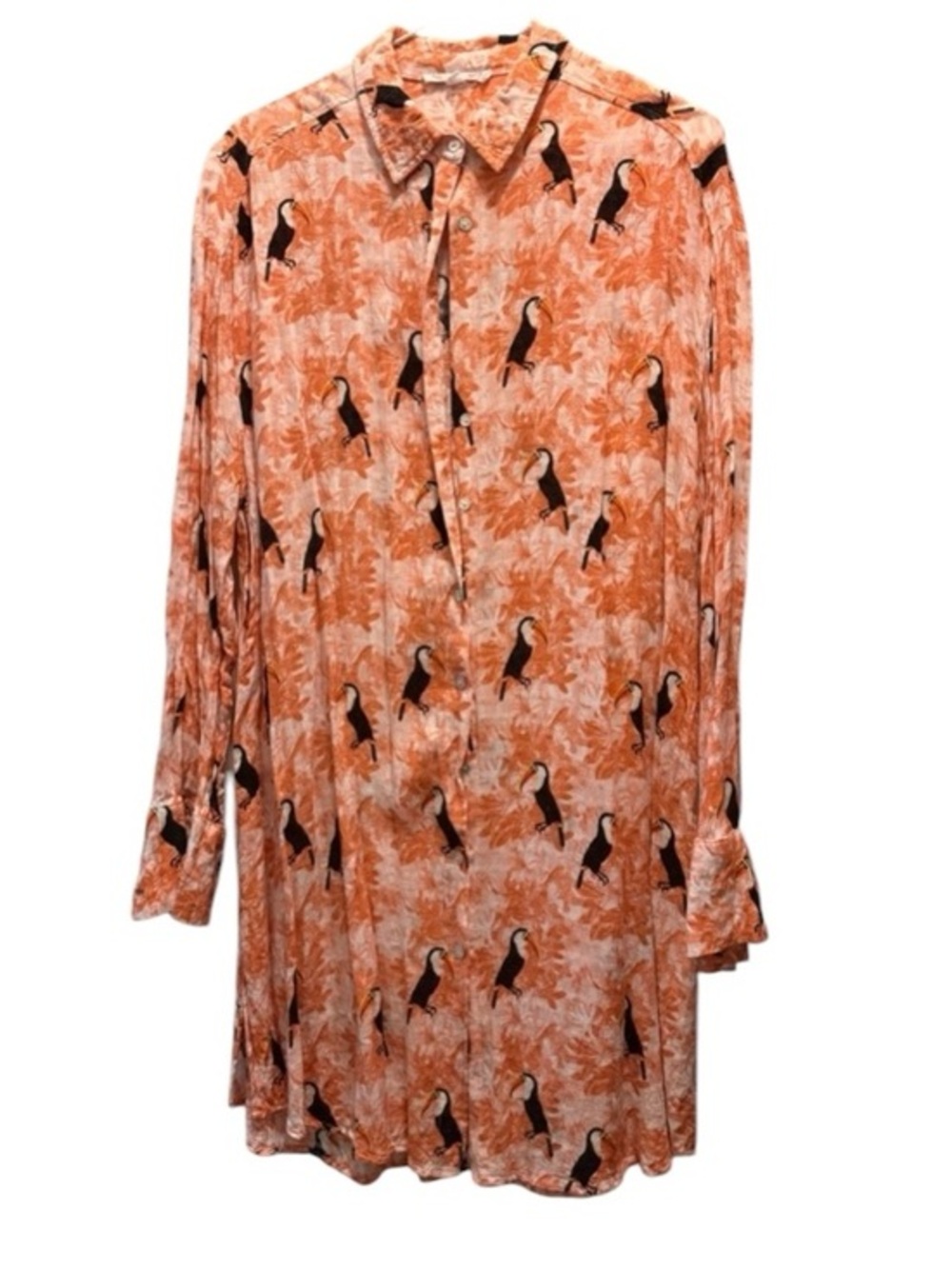 Jane + Delancey, size large, orange  Coral toucan birds button up shirt